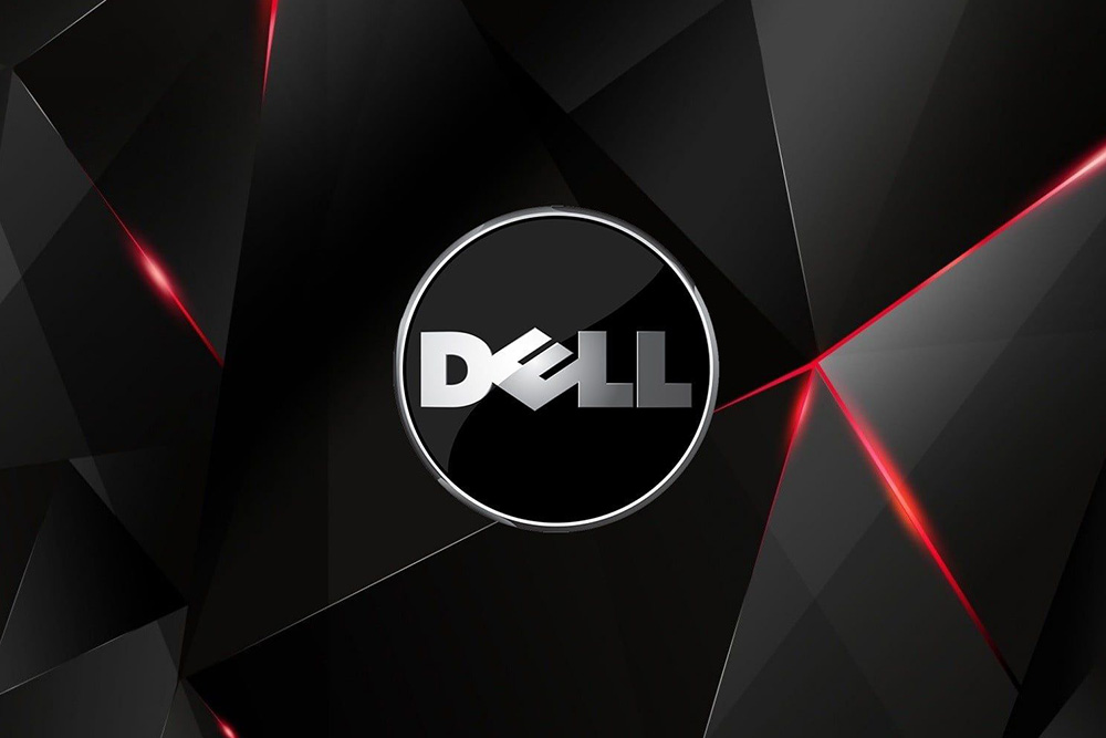 DELL logo on black abstract background.