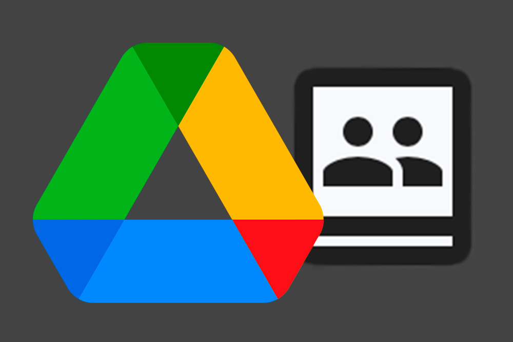 Google Drive (colored triangle) logo with two Google Shared shilouttes. 